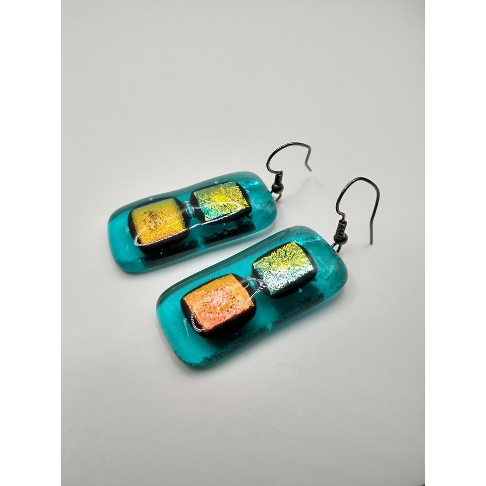 Fused Glass Dichroic Earrings Artisan Aqua Rectangle Dangle Gold Green Tone